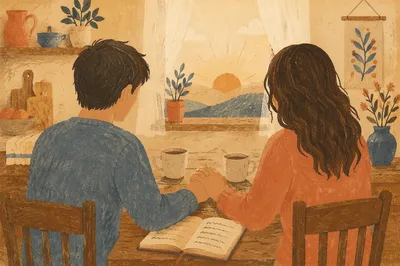 Couple Praying at Morning Kitchen Table