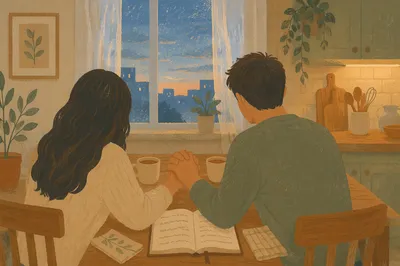 Couple Praying Together at Dawn Kitchen Table
