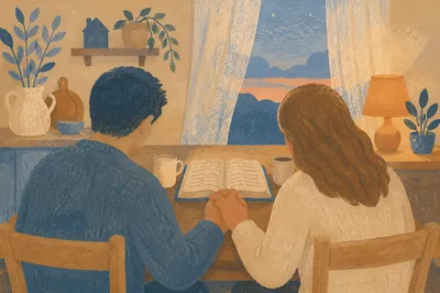 Couple Praying Together at Dawn Kitchen Table