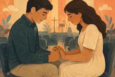 Couple Praying Hand in Hand at Church