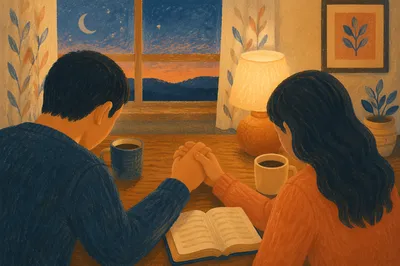Couple Praying Together at Dawn Kitchen Table