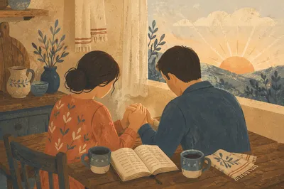 Couple Praying Together at Dawn Kitchen Table