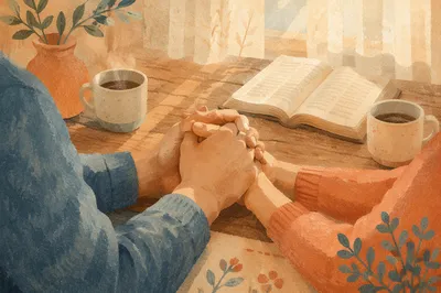 Couple Praying Hands at Morning Table