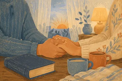 Couple Praying Hand in Hand at Dawn