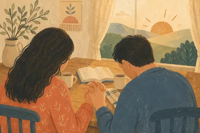 Couple Praying Together at Dawn Table