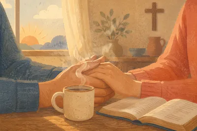 Couple Praying Hands at Sunrise Table