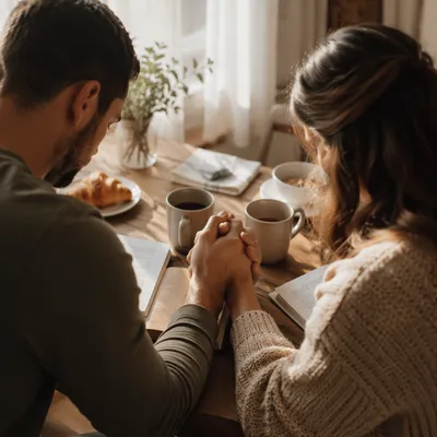 Couple Praying Together at Breakfast Table
