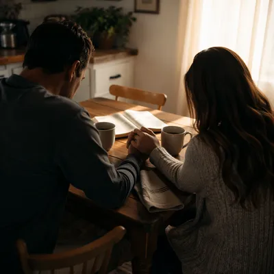 Couple Praying Together at Sunrise Table