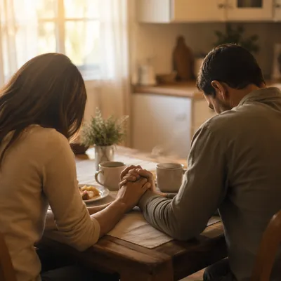 Couple Praying Together at Sunrise Table