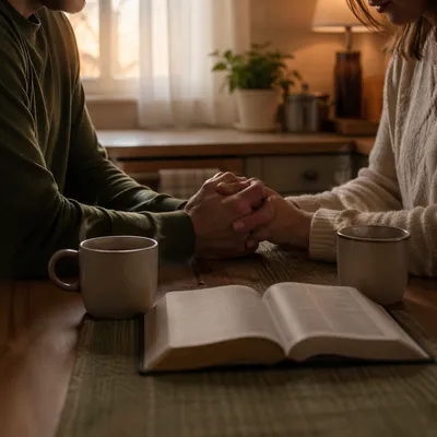 Couple Praying Together at Kitchen Table