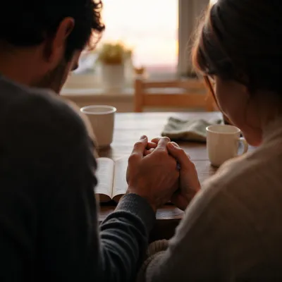 Couple Praying Hand in Hand at Sunrise