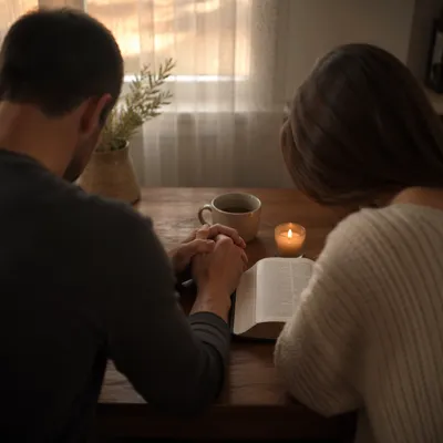 Couple Praying at Sunrise Kitchen Table