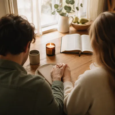 Couple Praying Together at Morning Kitchen Table