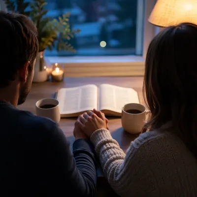 Couple Praying Together at Dawn Kitchen Table