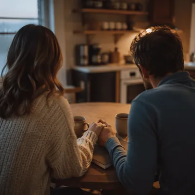 Couple Praying at Dawn Kitchen Table