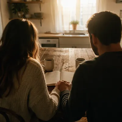 Couple Praying Together at Sunrise Table