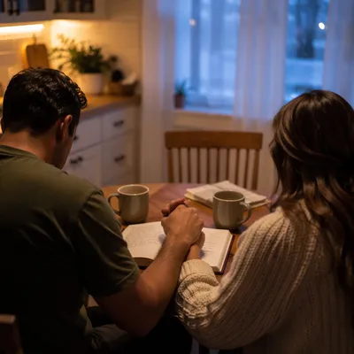 Couple Praying at Dawn Kitchen Table