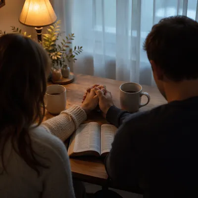 Couple Praying Together at Dawn Kitchen Table