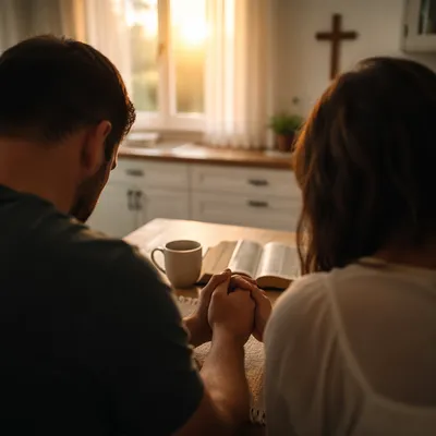 Couple Praying at Sunrise Kitchen Table