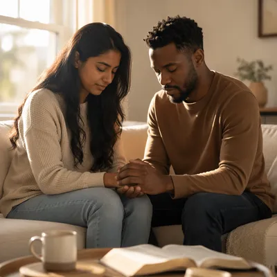 Interracial Couple Praying Together at Home