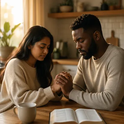 Interracial Couple Praying at Kitchen Table