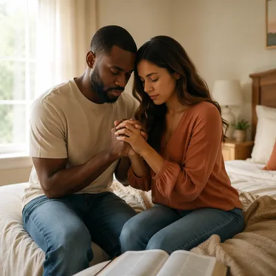 Young Couple Praying Together in Bedroom
