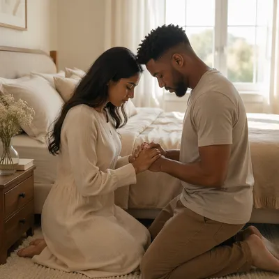 Interracial Couple Praying Together in Bedroom