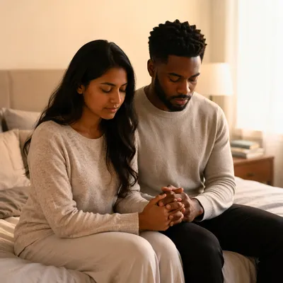 Interracial Couple Praying Together at Dawn