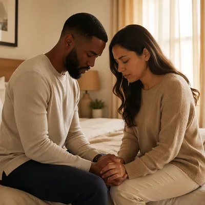 Interracial Couple Praying on Bedroom Bed