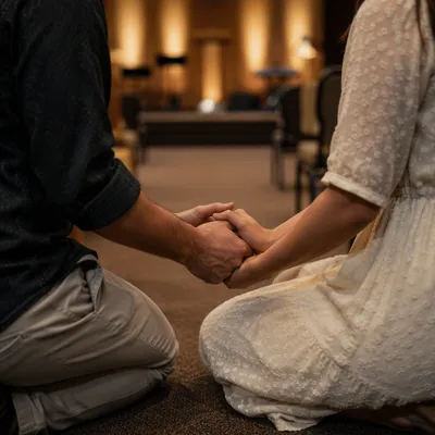 Couple Praying Hand in Hand at Church