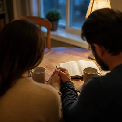 Couple Praying Together at Dawn Table