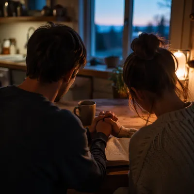 Couple Praying at Quiet Kitchen Table
