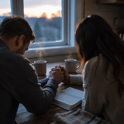 Couple Praying at Dawn Kitchen Table
