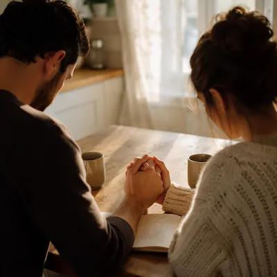 Couple Praying Together at Morning Kitchen Table