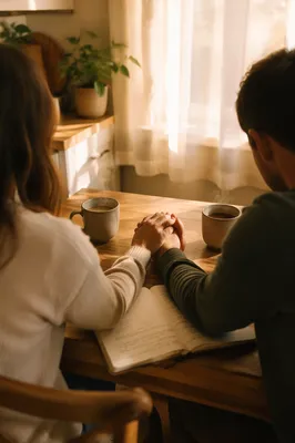 Couple Praying Together at Morning Kitchen Table
