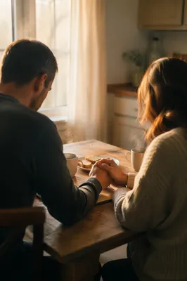 Couple Praying Together at Sunrise Table