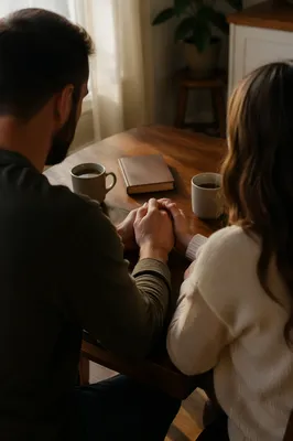Couple Praying at Dawn Kitchen Table