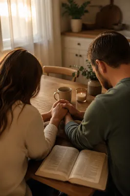 Morning Couple Prayer at Kitchen Table