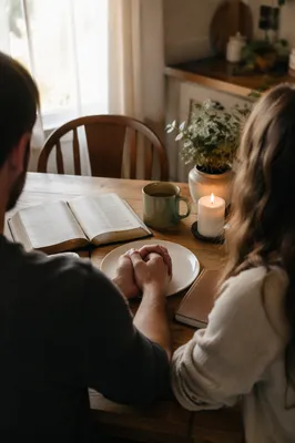 Couple Praying Hand in Hand at Breakfast