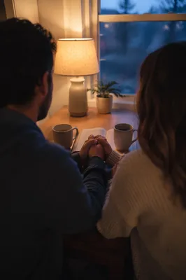 Couple Praying Together at Dawn Kitchen Table