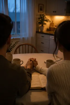 Couple Praying at Dawn Kitchen Table