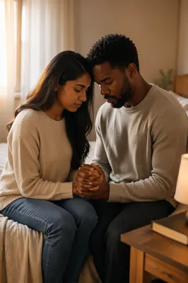 Interracial Couple Praying Together at Dawn