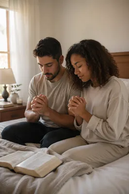 Young Couple Praying in Sunlit Bedroom