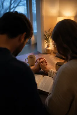 Couple Praying Together at Dawn Kitchen Table