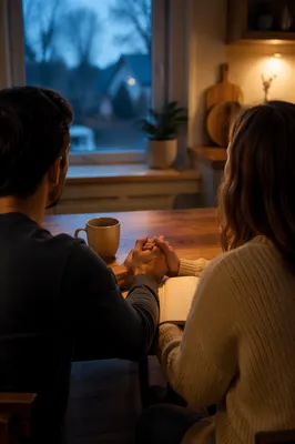 Couple Praying Together at Dawn Kitchen Table
