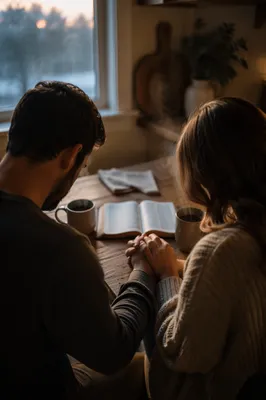 Couple Praying Together at Dawn Table