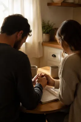 Couple Praying Together at Morning Table