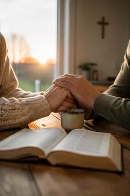 Couple Praying at Sunrise Kitchen Table