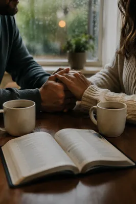 Couple Praying at Rainy Kitchen Table