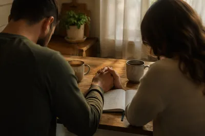 Couple Praying Hand in Hand at Sunrise